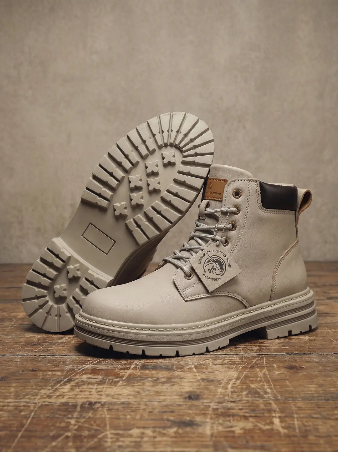 Dos botas de color beige claro con suelas dentadas. Una bota está en posición vertical, mostrando cordones, ojales metálicos, un borde superior marrón oscuro y una etiqueta colgando de los cordones. La otra bota está de lado, revelando la suela con tacos. Las botas se encuentran sobre un suelo de madera desgastada con un fondo de pared lisa.