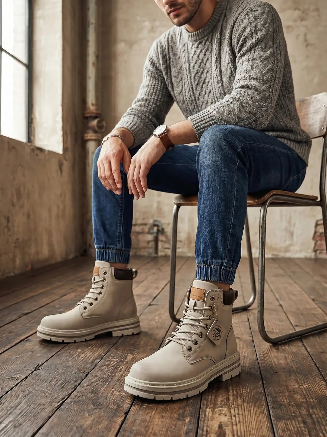 Botines de hombre de color beige claro con cordones, suela dentada gruesa en tono claro y un cuello superior acolchado en marrón oscuro. Un pequeño colgante rectangular cuelga de uno de los cordones.