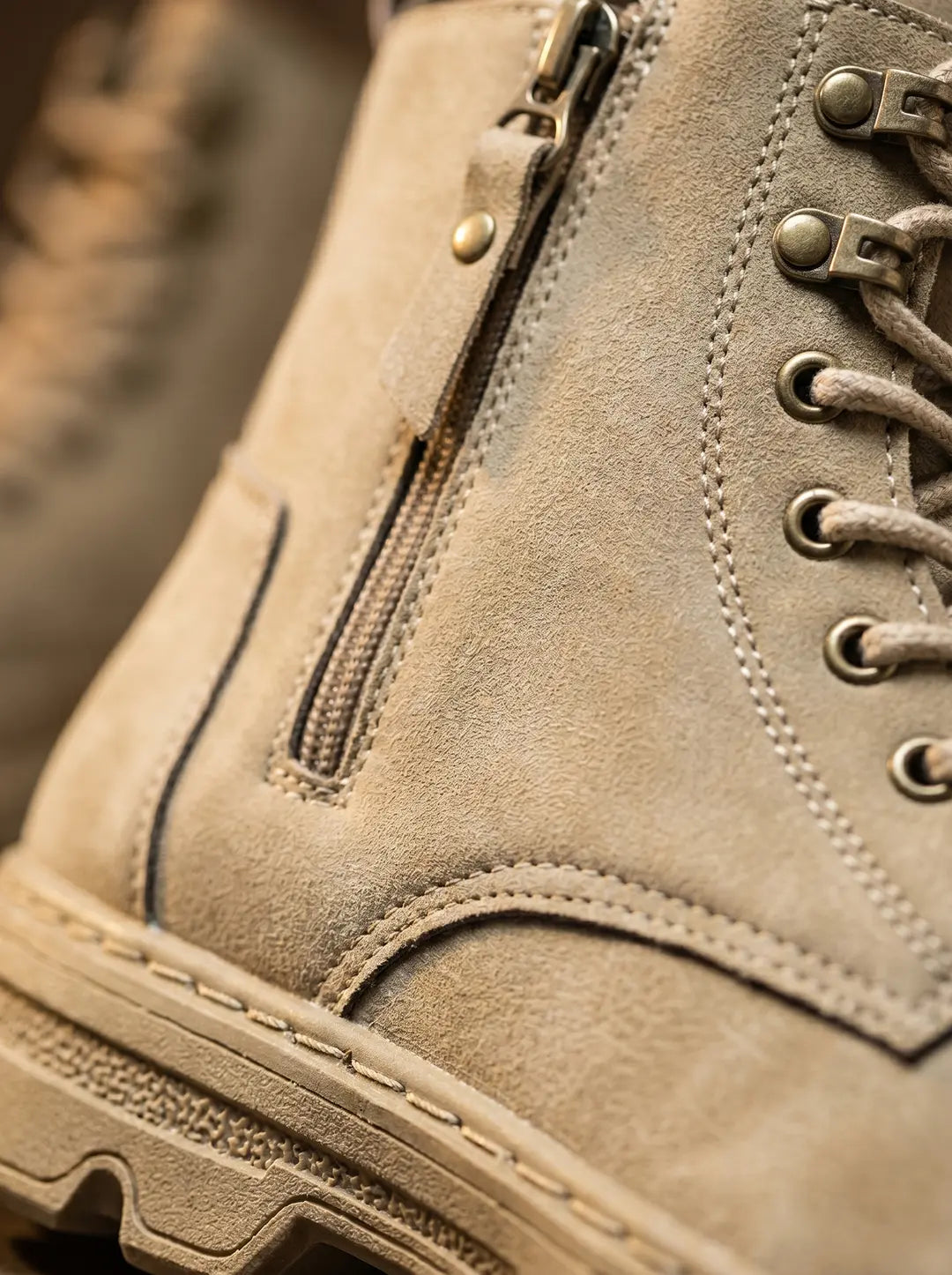 Primer plano de una bota color beige con textura de ante, cremallera lateral, cordones con ojales metálicos y suela texturizada.