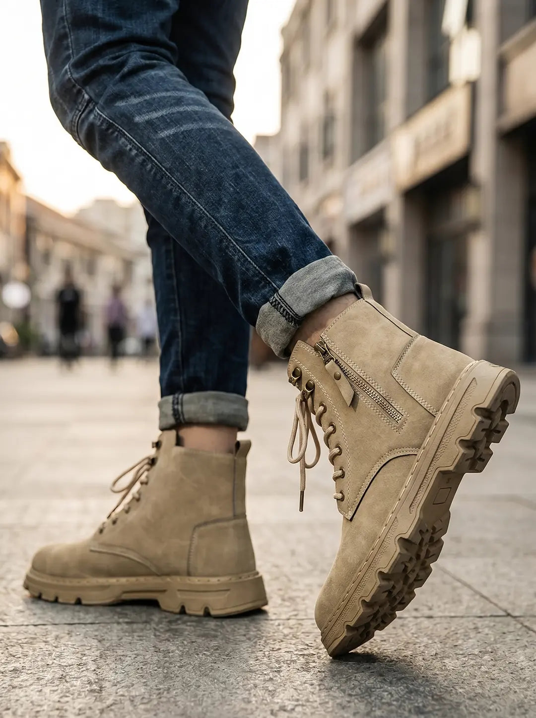 Un par de botas de hombre color beige con cordones y cremallera lateral, suela robusta y texturizada. Vistas en los pies de una persona con jeans azules enrollados, caminando sobre una superficie pavimentada.