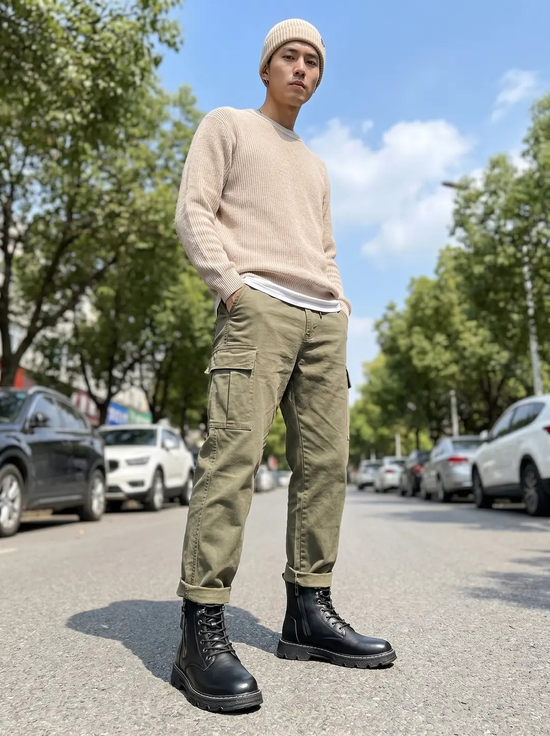 Hombre vestido con un gorro de punto beige, un suéter de punto acanalado beige, pantalones cargo verde oliva con dobladillos remangados y botas negras con cordones y cremalleras laterales, parado en una calle.