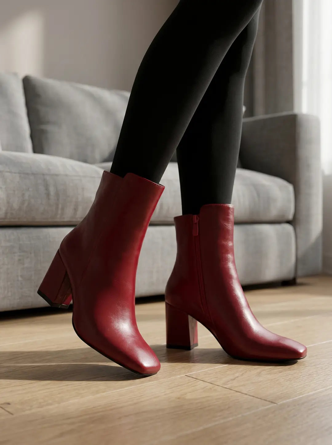 Un par de botines rojos de tacón grueso con punta ligeramente cuadrada y cremallera en el lateral, usados por una persona con medias negras sobre un suelo de madera clara.