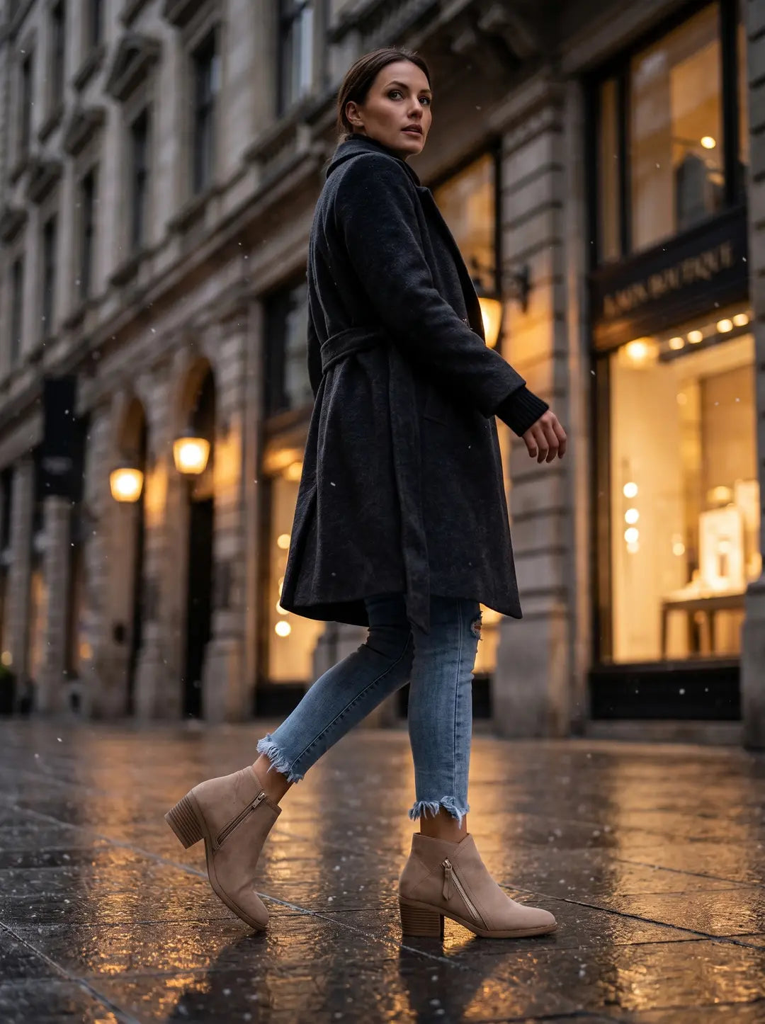 Mujer caminando en una calle mojada con un abrigo oscuro, jeans azules deshilachados y botines beige con cremalleras laterales y tacón.