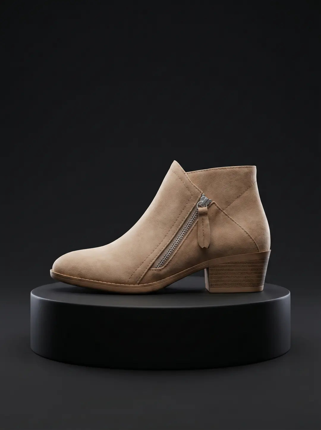 Bota de tobillo color camel de ante con cremallera lateral plateada y tacón bajo de madera, exhibida sobre un pedestal cilíndrico negro con fondo oscuro.