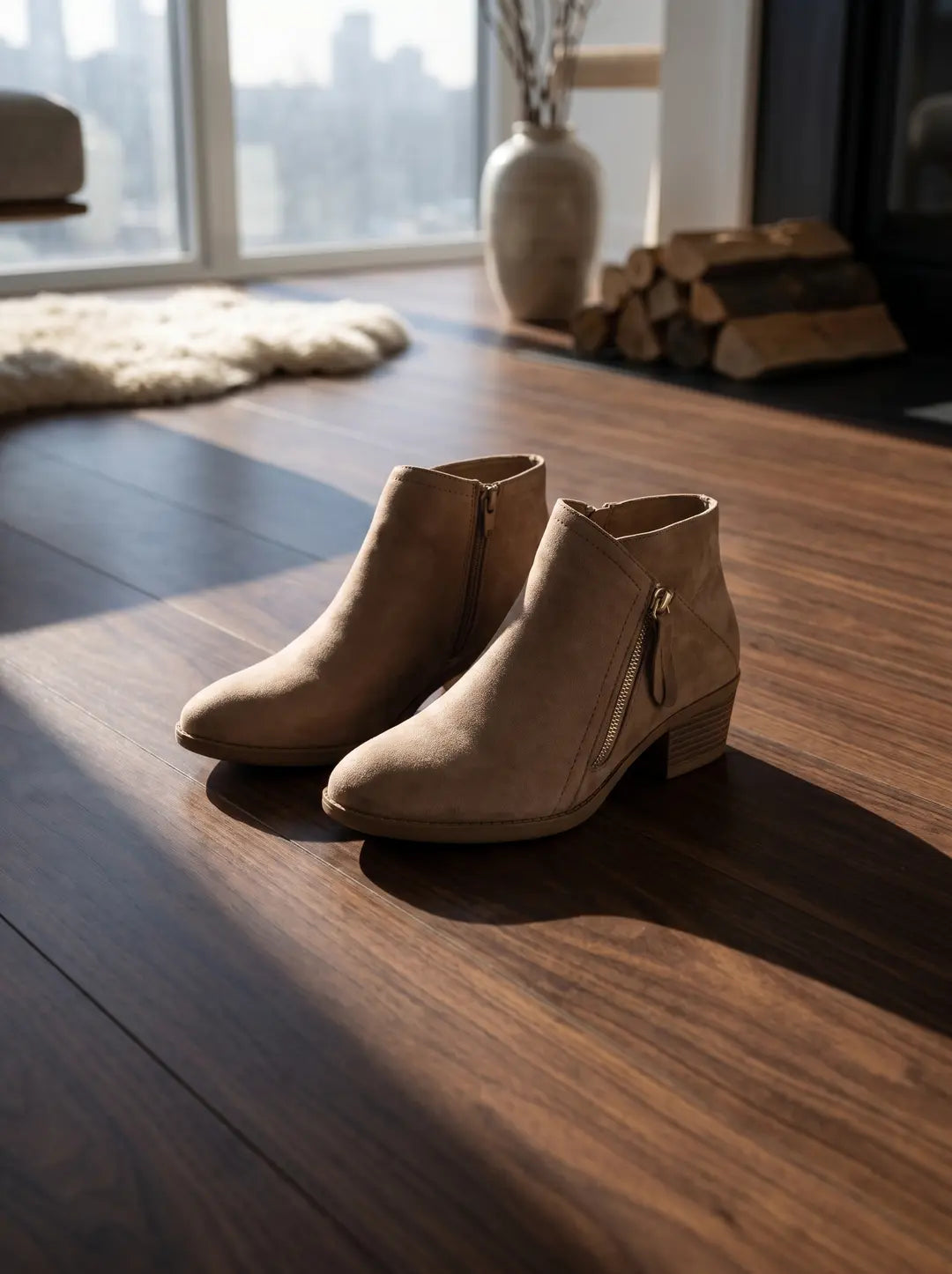 Un par de botines color beige claro de gamuza con cremalleras laterales doradas y tacones bajos, colocados sobre un suelo de madera oscura bajo la luz del sol.