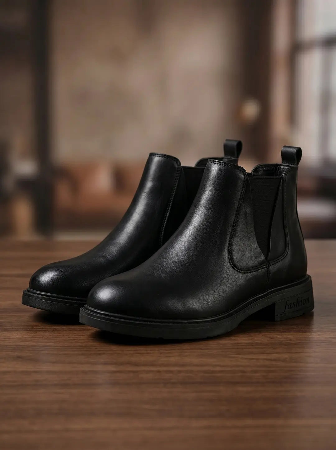 Par de botas Chelsea negras de cuero con paneles laterales elásticos y tiradores en la parte trasera. La suela de una bota tiene la palabra 'fashion' grabada. Las botas están sobre una superficie de madera.