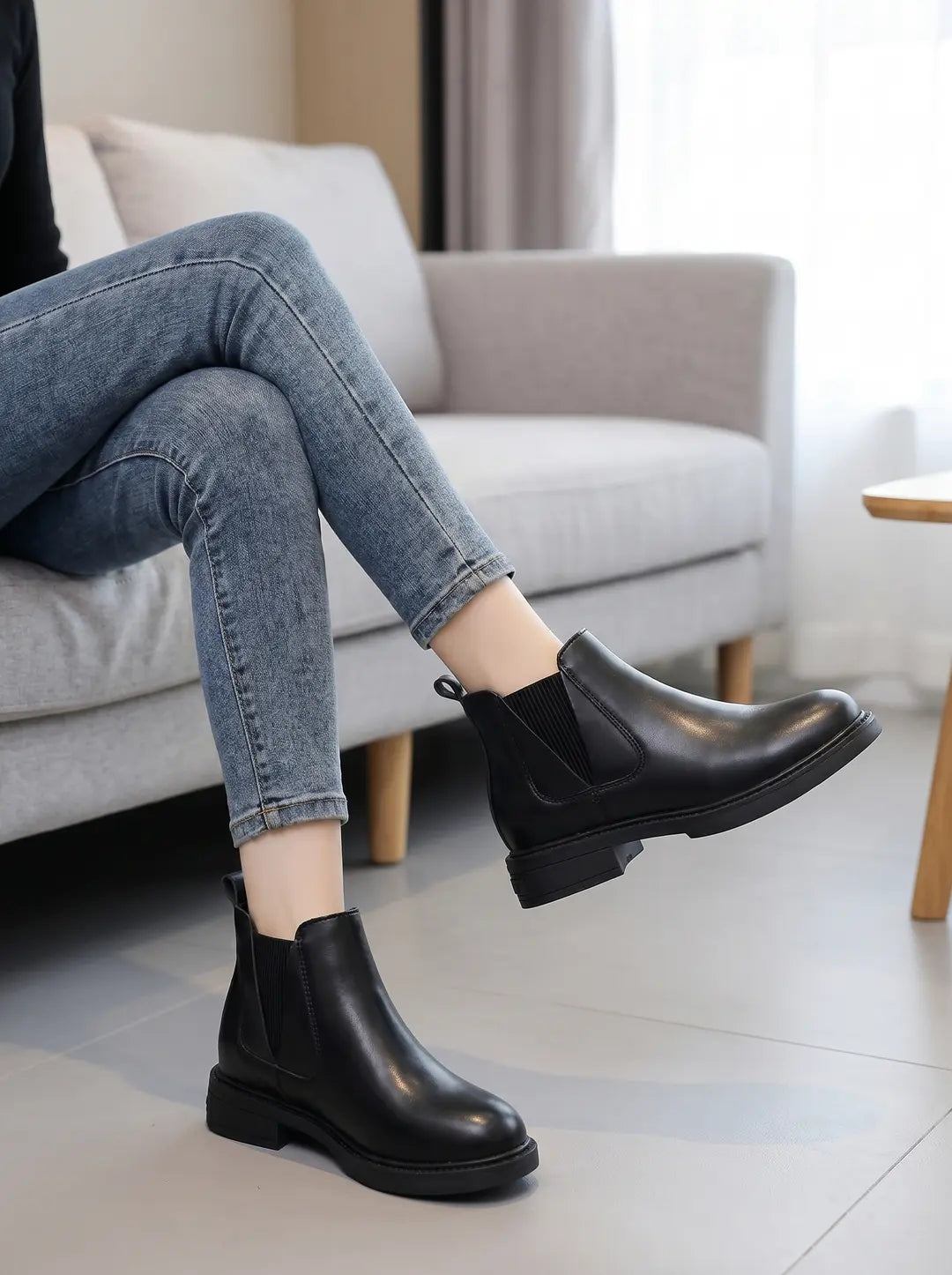 Botines Mujer Negros Planos de Cuero PU con Elástico - Vitrine 5 | Tierra Ruda