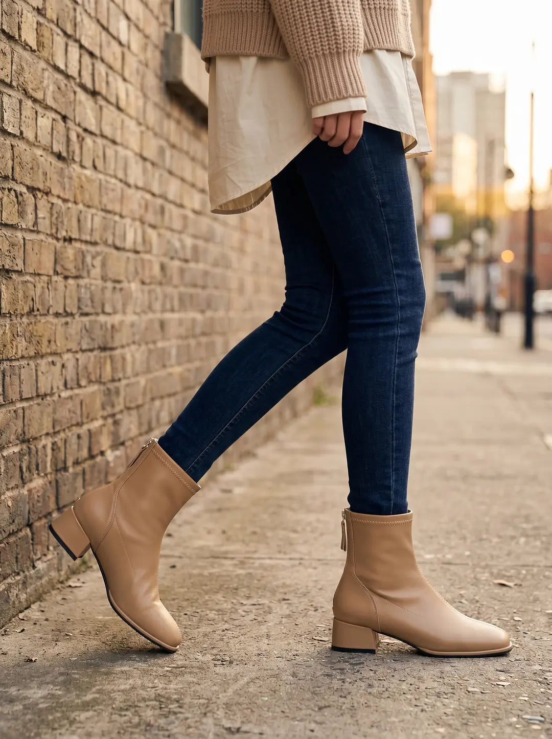 Un par de botines de color camel con tacón bajo y cremallera trasera, usados por una persona que lleva vaqueros azules y un suéter de punto beige, caminando sobre una acera junto a una pared de ladrillo.