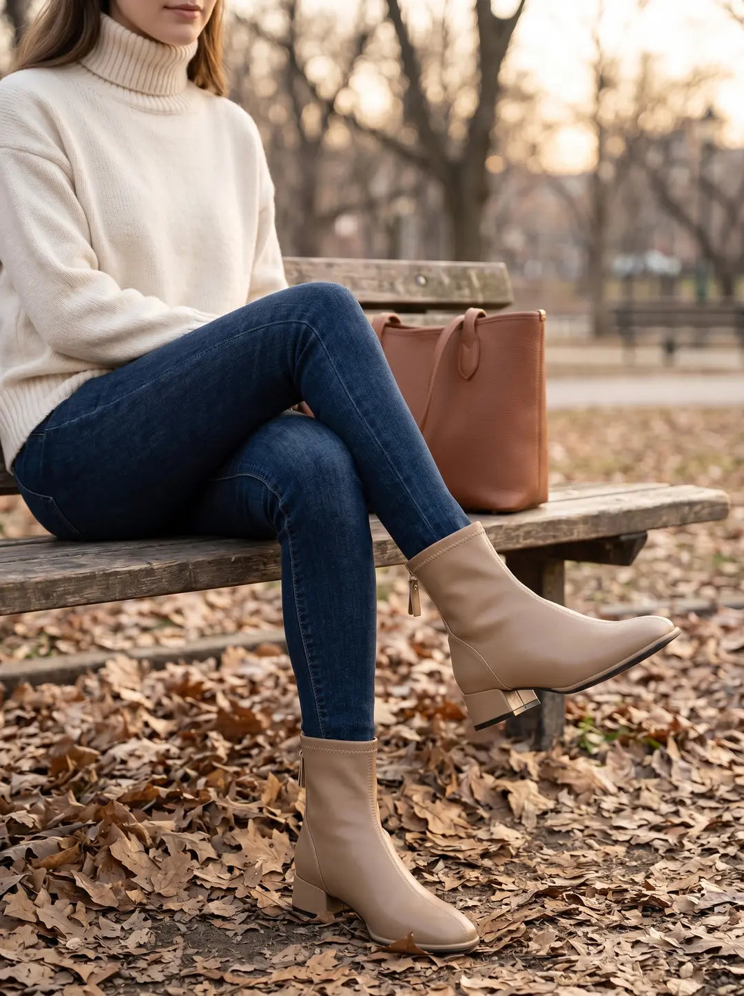 Mujer sentada en un banco de parque. Viste un suéter de cuello alto color crema, jeans azules y botines beige con un pequeño tacón. A su lado, un bolso tote de cuero marrón. El suelo está cubierto de hojas secas.