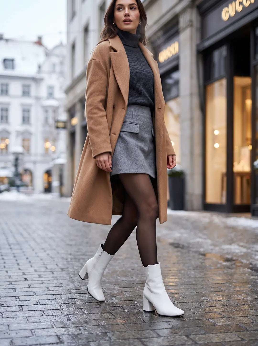 Mujer caminando en una calle adoquinada con nieve. Viste un abrigo color camel, un suéter de cuello alto gris oscuro, una minifalda gris, medias negras transparentes y botines blancos con tacón de bloque.