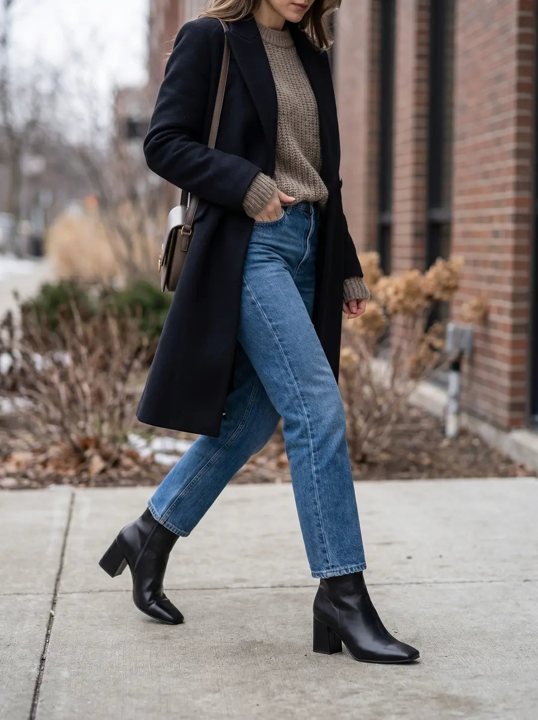 Una persona caminando al aire libre con un abrigo largo oscuro, un suéter de punto color topo, jeans azules y botines negros de tacón de bloque. Lleva un bolso de hombro marrón.