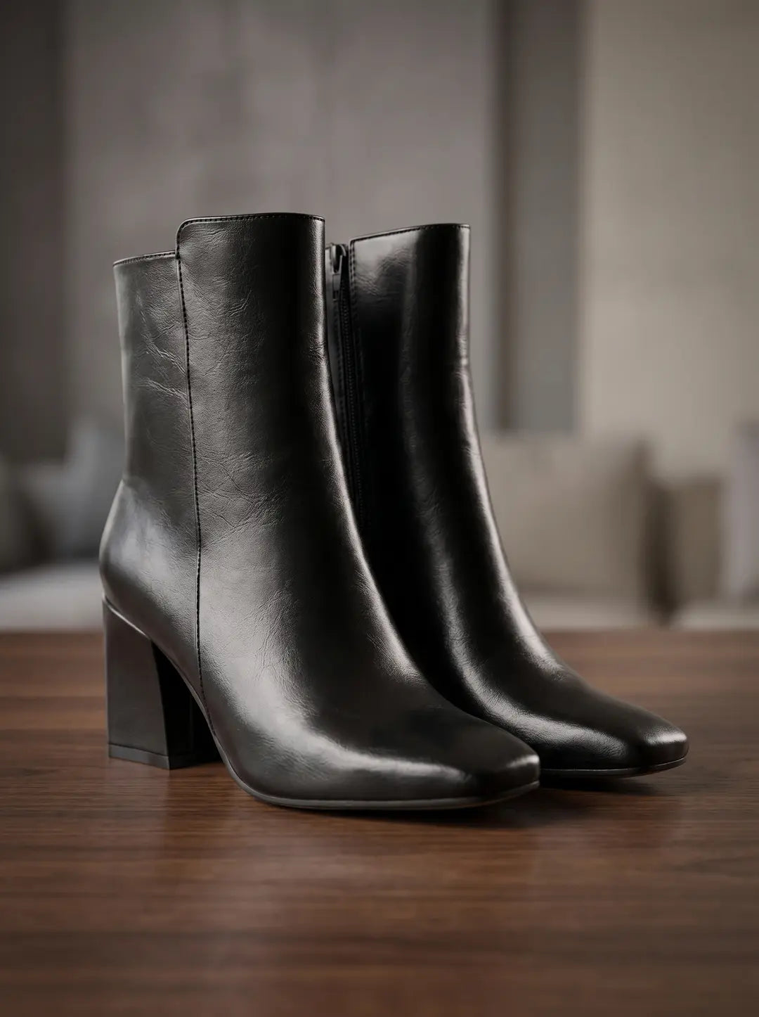 Par de botines negros de cuero con tacón de bloque y cremallera, sobre una superficie de madera oscura pulida.