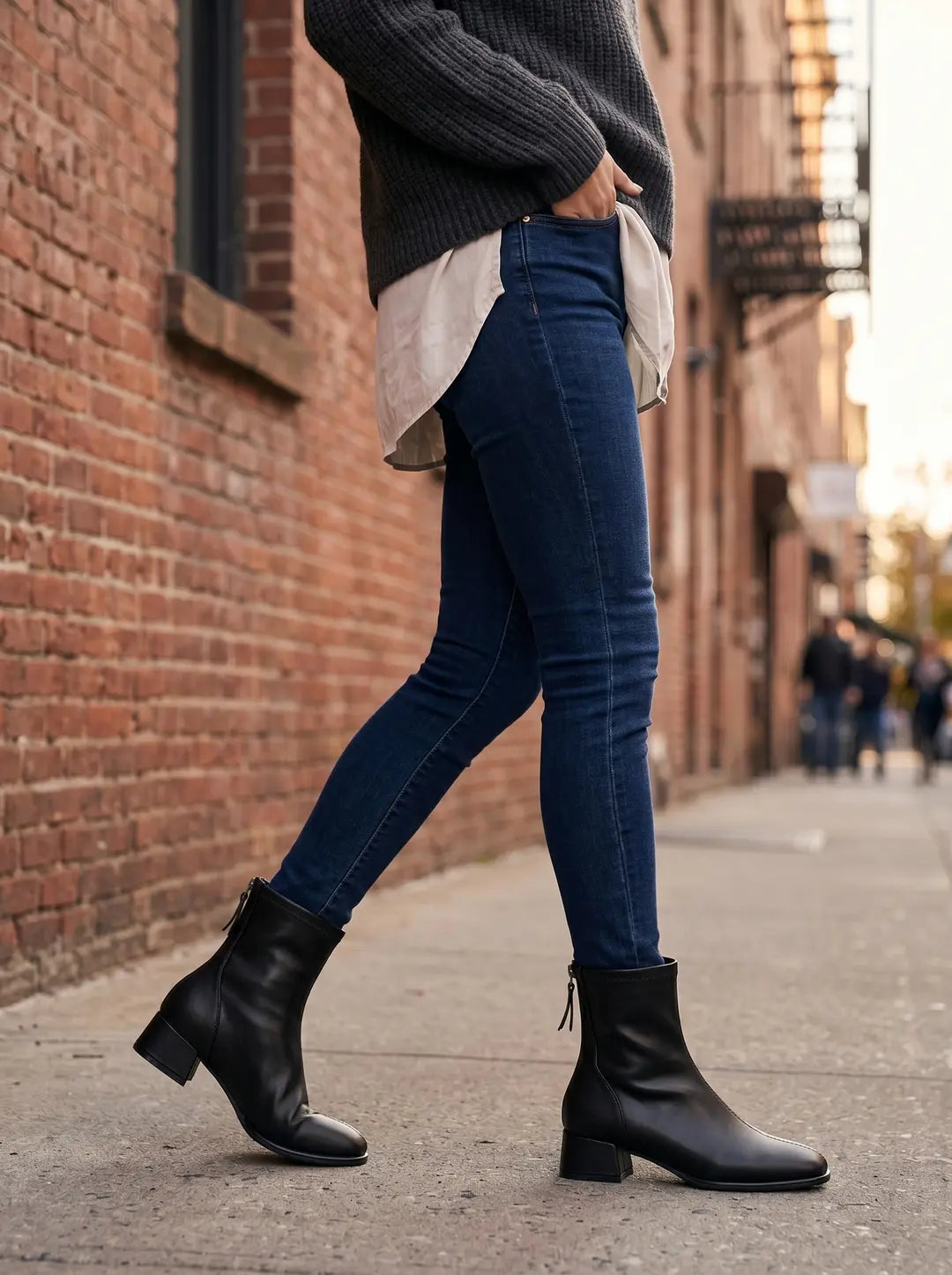 Botines negros de cuero liso con tacón de bloque y cremallera trasera, usados por una persona que viste jeans azules.