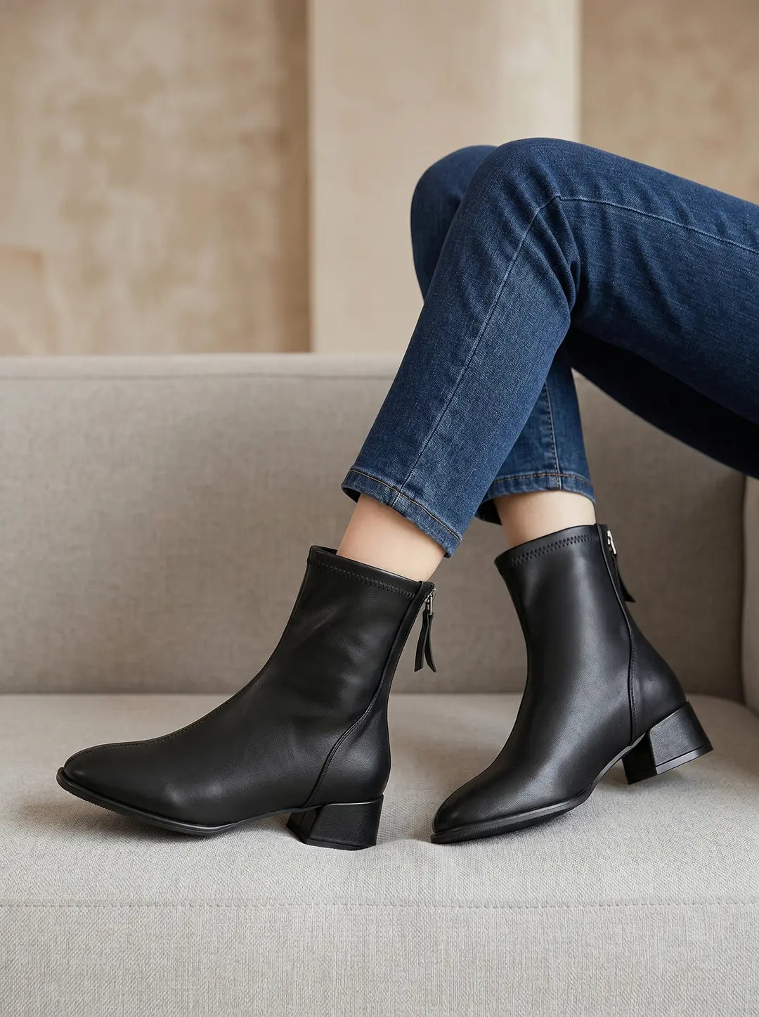 Botines negros con tacón bajo y cremallera trasera, puestos en una persona con jeans.