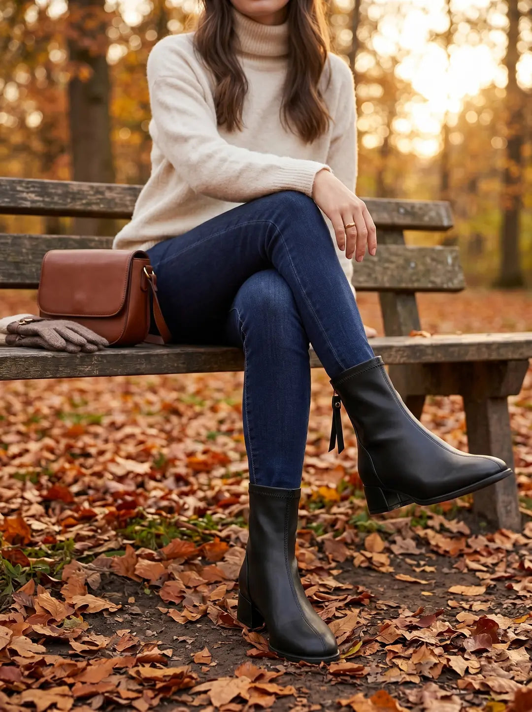 Una mujer sentada en un banco de madera en un parque otoñal. Lleva un suéter de cuello alto color crema, jeans azules y botines negros de cuero con tacón de bloque. Un bolso bandolera de cuero marrón y guantes de punto marrones están colocados en el banco a su lado. El suelo está cubierto de hojas secas.
