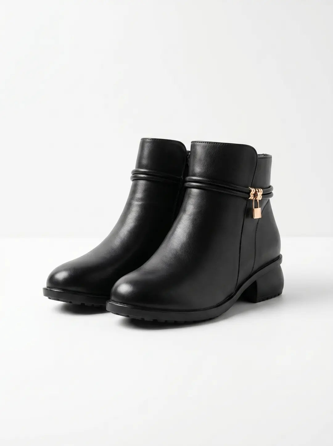 Un par de botines negros con superficie lisa. Presentan una tira decorativa alrededor del tobillo, de la cual cuelga un pequeño candado dorado y unas anillas en una de las botas. Tienen cierre de cremallera lateral y un tacón bajo con suela texturizada.