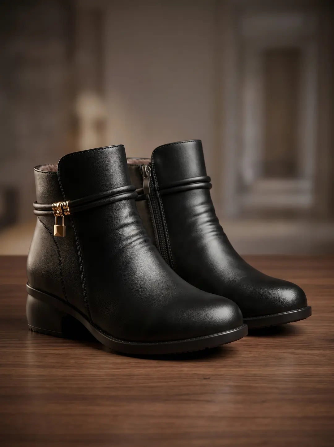 Un par de botines negros de mujer sobre una superficie de madera. Los botines tienen una textura similar al cuero y un tacón bajo. El botín izquierdo presenta dos correas finas alrededor del tobillo con detalles de anillos dorados y un pequeño candado dorado. El botín derecho tiene una cremallera visible en el lateral interior. Se observa un forro interior suave.