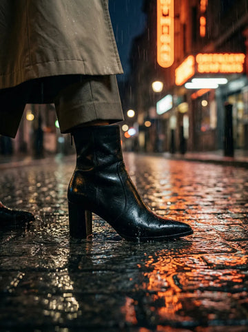 Botines urbanos negros de mujer sobre asfalto mojado en la ciudad. Nueva colección de invierno Tierra Ruda.
